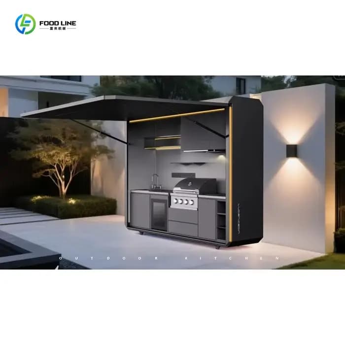 Cuisine extérieure électrique élégante et personnalisée avec évier et réfrigérateur intégrés, installation rapide pour les réceptions dans la cour.