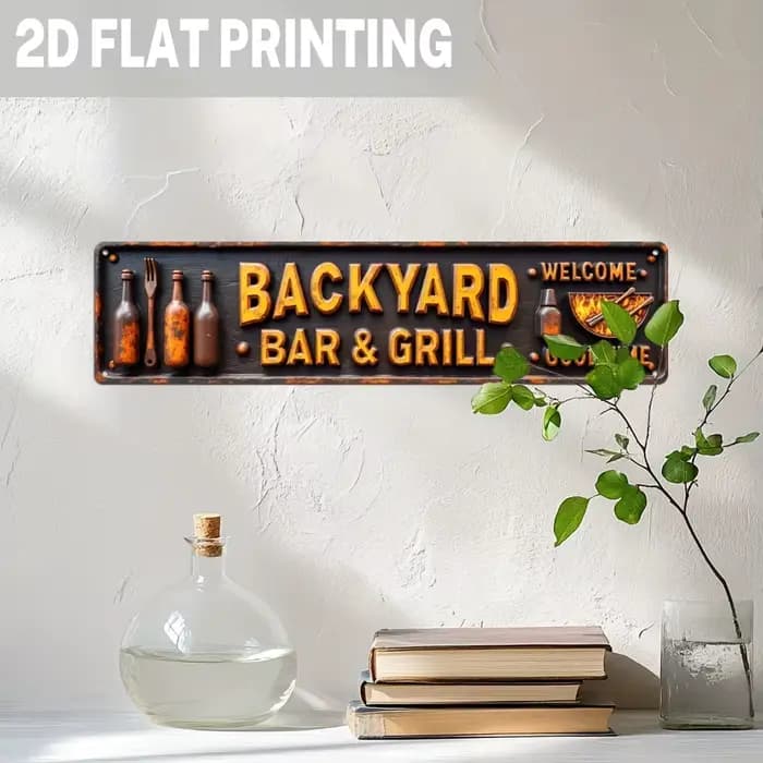2D plat - [2D plat] Design 2D - un panneau métallique pour bar et barbecue dans une ferme - Impression 2D, thème de fête de barbecue vintage, kit