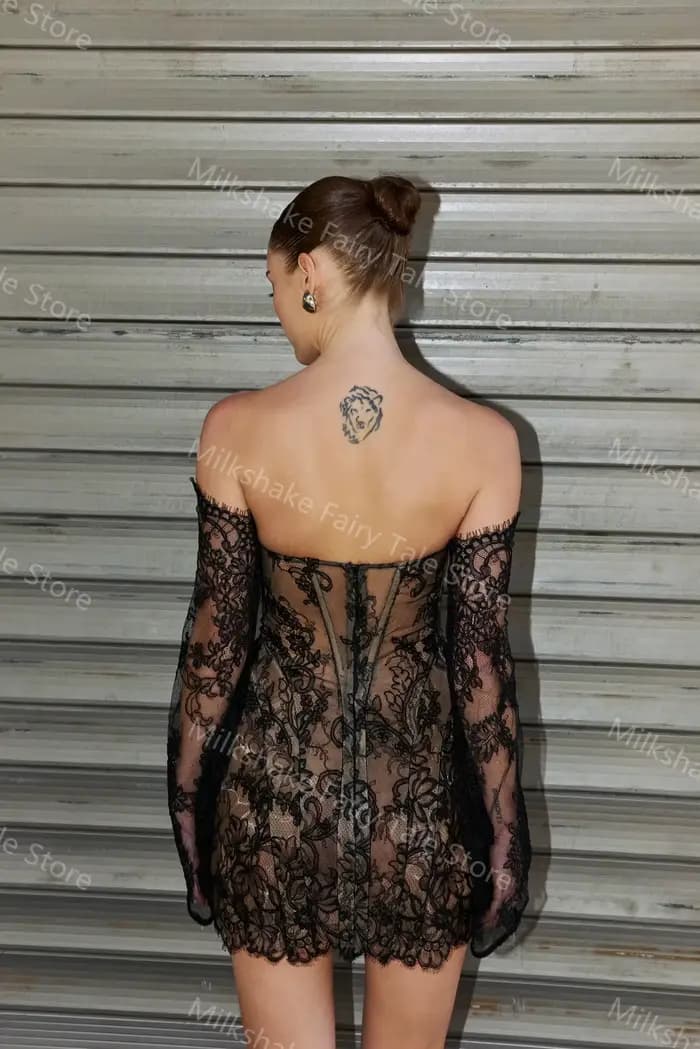 Robes de cocktail noires vintage, épaules dénudées, robes de bal entièrement en dentelle, manches longues, mini robes personnalisées pour occasions spéciales