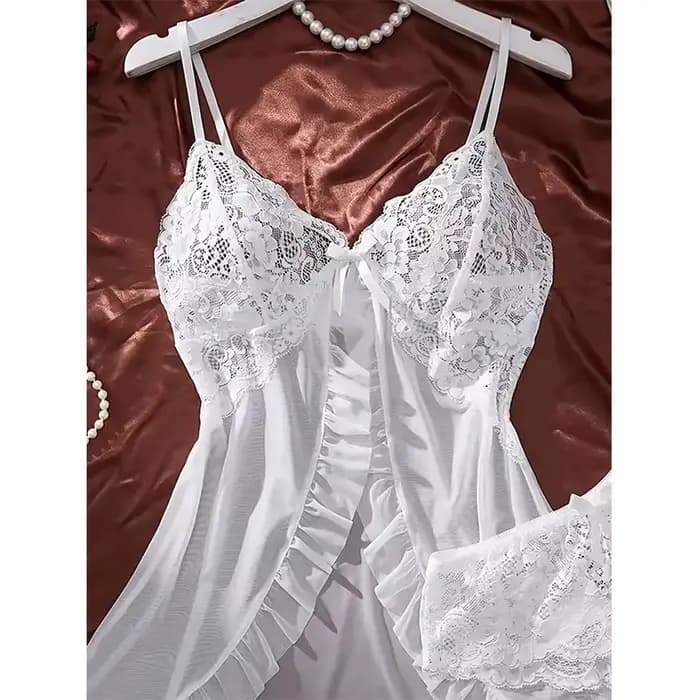Chemise de nuit en Tulle blanc Transparent, col licou, vêtements de maison pour femmes, ensemble pyjama avec culotte, grande taille, robe courbe, Lingerie chaude pour adultes