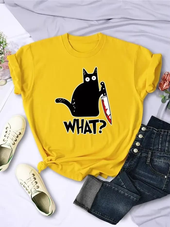 Couteau de cuisine Black Cat Quel? T-Shirts à manches courtes imprimés pour femmes, T-Shirts respirants à la mode, hauts d'été Cool, Streetwear
