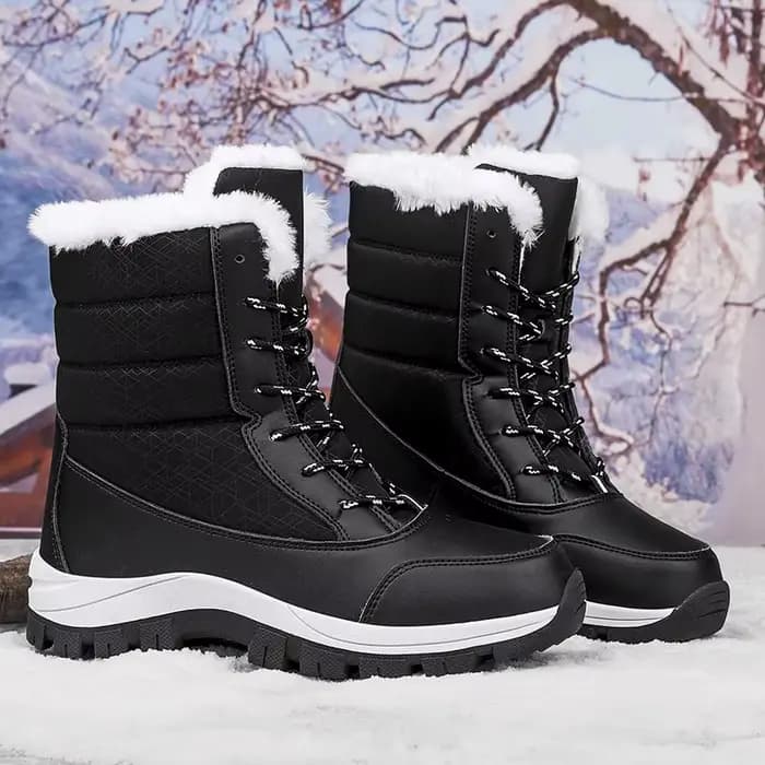 Bottes d'hiver chaudes doublées de polaire, mi-hautes, imperméables et coupe-vent en similicuir pour femme, avec semelle extérieure en caoutchouc confortable