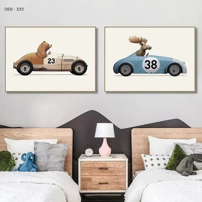 Affiche murale d'art de dessin animé de voiture d'animaux amusants, impression de girafe, ours, lapin, chambre d'enfant, peinture sur toile, image de décoration de maison pour pépinière