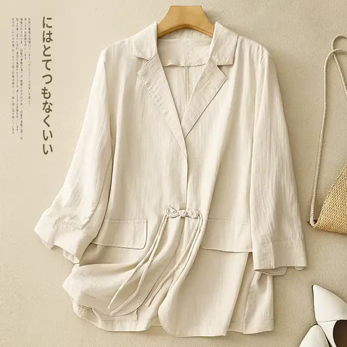 Veste décontractée en coton et lin pour femme, nouvelle collection printemps-été, style artistique, élégante, chic, avec boucle et manches trois-quarts