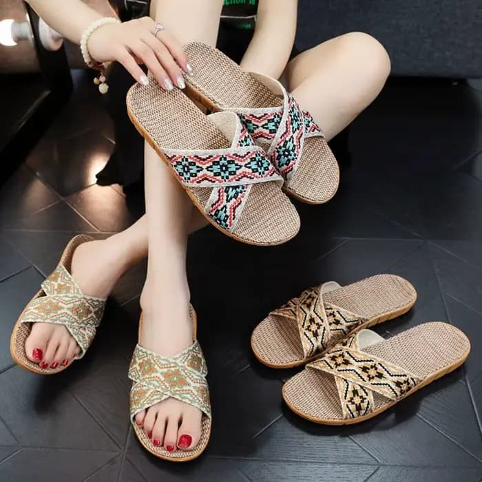 Pantoufles d'intérieur en lin pour femmes, chaussures de maison, style bohème, à lanières croisées géométriques, respirantes et antidérapantes pour chambre à coucher