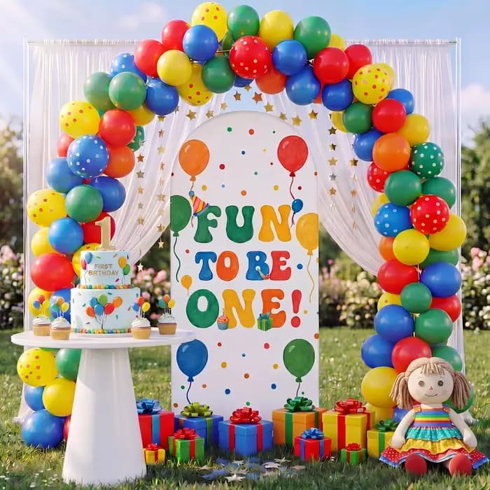 Housse d'arche d'arrière-plan pour anniversaire 'Fun to Be One', avec ballons colorés et motifs à pois, pour le premier anniversaire des enfants, la fête prénatale et accessoires photo