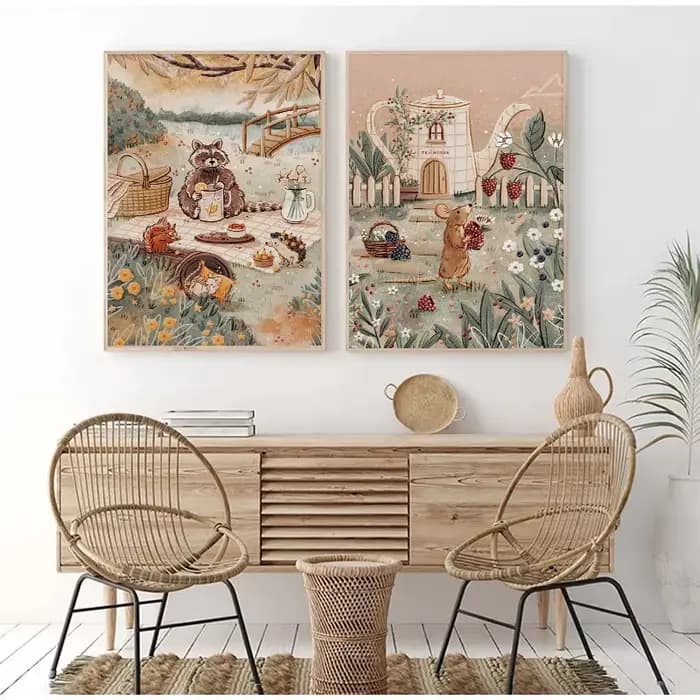 Affiche illustrée d'histoires du coucher, animaux de la forêt mignons, lapin, renard, souris, peinture sur toile, Art mural, décoration de maison pour chambre d'enfant