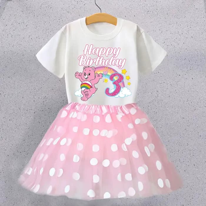 Ensemble T-shirt et jupe d'anniversaire Care Bears pour enfants, T-shirt à motif de personnage de dessin animé, jupes roses Kawaii, vêtements à manches courtes, cadeau
