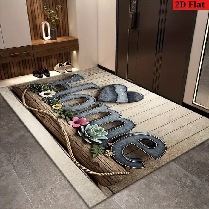 Paillasson rustique « Home » – Style bois avec cœur et fleurs pour entrée intérieure/extérieure et décoration de jardin 40x60cm 50x80cm