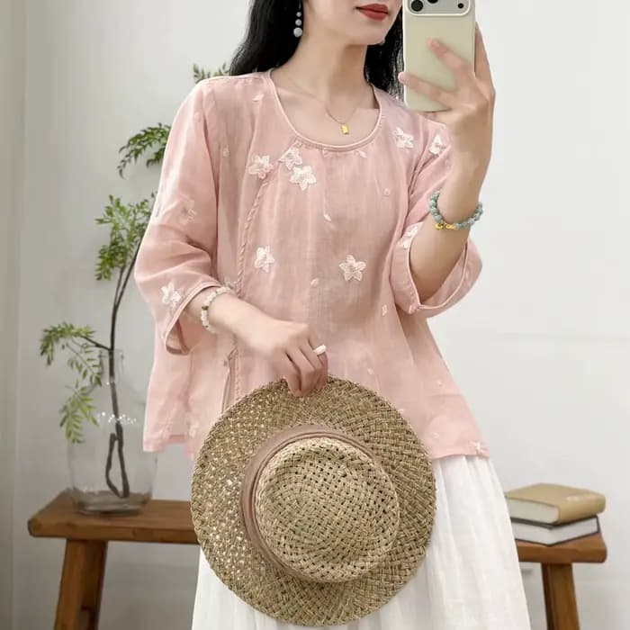 Chemisier en lin brodé pour femme, coupe ample, manches mi-longues, style décontracté pour le quotidien, haut d'été confortable, articles transfrontaliers