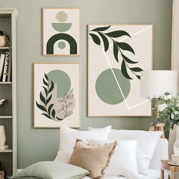 Impressions sur toile murales Boho vert sauge, affiches minimalistes géométriques à motifs de feuilles, art botanique abstrait pour la décoration du salon et de la maison