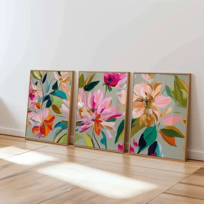 Ensemble d'art mural floral abstrait (3 pièces), impressions d'affiches florales modernes et colorées, décoration botanique lumineuse pour la maison, ensemble d'art contemporain