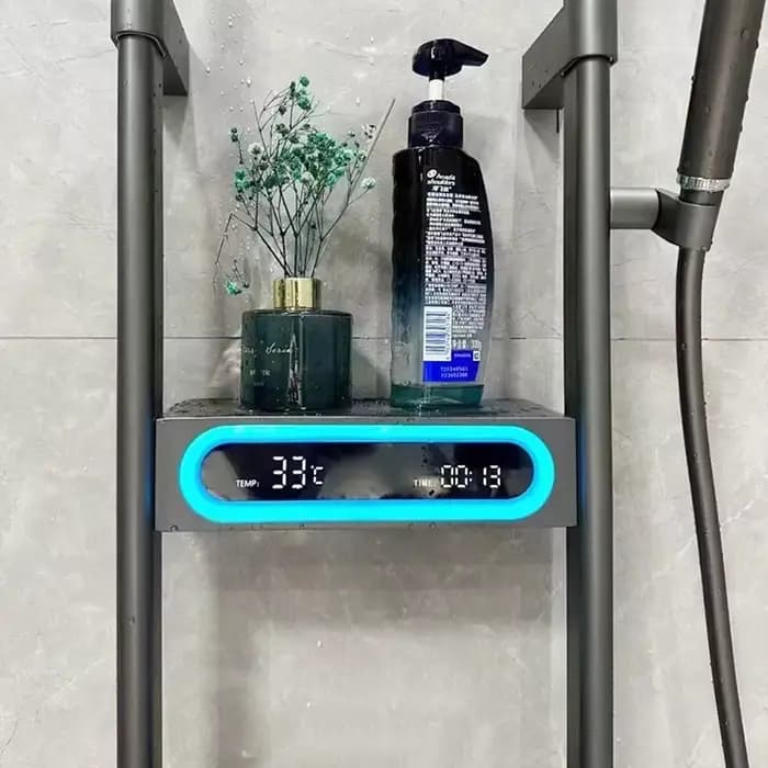 Système de douche de salle de bains noir blanc gris, mélangeur de baignoire mural en cuivre, robinets de température LED, ensembles de douche avec support de rangement