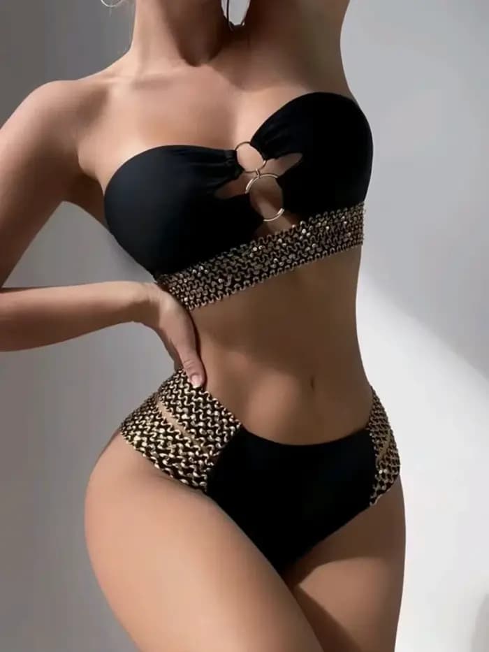 Maillot de bain 2 pièces noir, bikini, sexy, taille haute, couleur solide, pour femmes, vêtements de plage, 2024