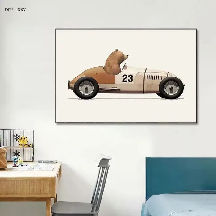Affiche murale d'art de dessin animé de voiture d'animaux amusants, impression de girafe, ours, lapin, chambre d'enfant, peinture sur toile, image de décoration de maison pour pépinière