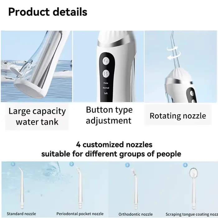 Irrigateur buccal, 3 Modes de nettoyage, Portable, Rechargeable, étanche IP65, fil dentaire, blanchiment des dents, Jet, 200ML