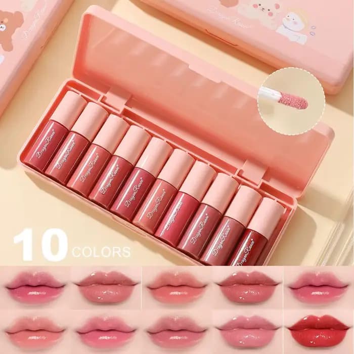 Mini 10 couleurs dessin animé hydratant lèvres glaçure ensemble boîte étanche antiadhésif longue durée miroir