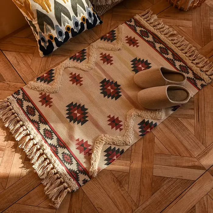 Tapis Bohème en Coton et Lin Tissé à la Main avec Pompons, Tapis de Sol Géométrique pour Chambre à Coucher, Tapis de Chevet Antidérapant, Tapis de Cuisine, Décoration Intérieure