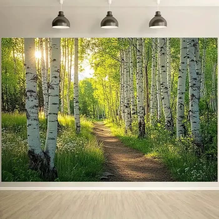 1 fond de sentier de forêt de bouleau ensoleillé - fond de fête de scène de forêt 2D vibrante