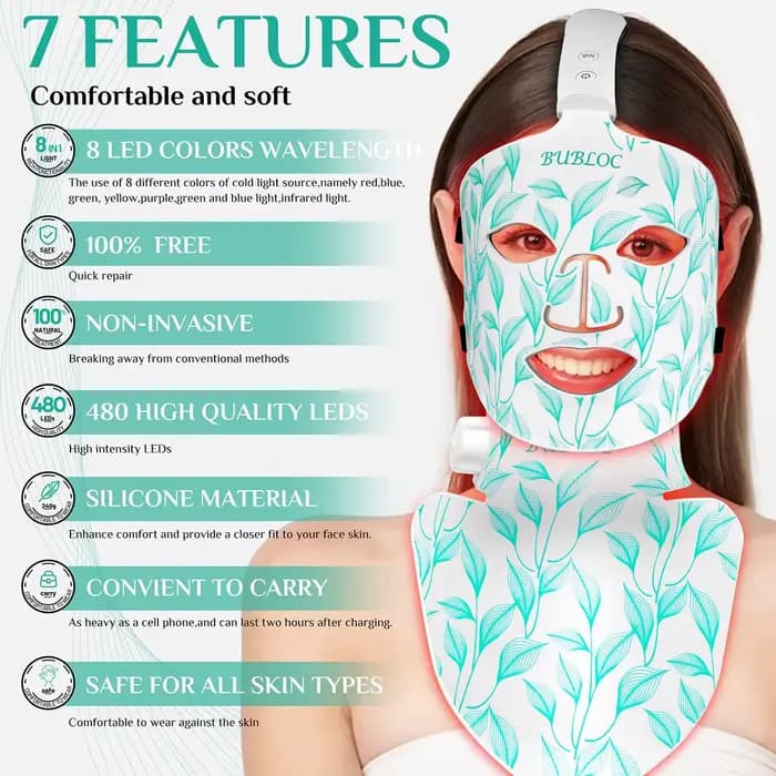 Masque facial LED 8 couleurs, silicone portable, thérapie LED à lumière rouge et infrarouge proche pour lutter contre le vieillissement, les rides, la régénération de la peau, utilisation à domicile