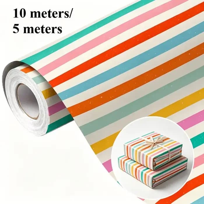 Rouleau de papier cadeau rayé arc-en-ciel coloré 10M/5M - Emballage cadeau multicolore lumineux pour anniversaire, baby shower, fêtes et toutes occasions