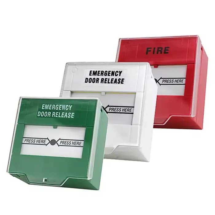 Bouton de déverrouillage d'urgence réinitialisable pour porte coupe-feu avec couvercle
