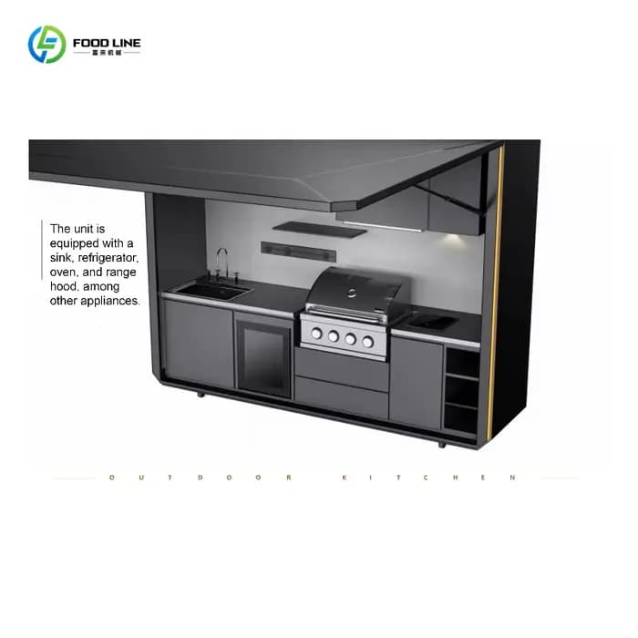 Cuisine extérieure électrique élégante et personnalisée avec évier et réfrigérateur intégrés, installation rapide pour les réceptions dans la cour.
