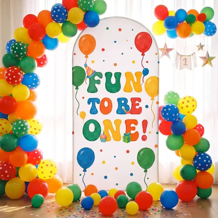 Housse d'arche d'arrière-plan pour anniversaire 'Fun to Be One', avec ballons colorés et motifs à pois, pour le premier anniversaire des enfants, la fête prénatale et accessoires photo