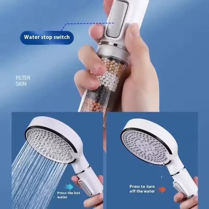 Pommeau de douche de salle de bain avec bouton d'arrêt, 5 modes, filtre anti-calaire, hygiénique, élimine le chlore, pomme de douche à main, Filtration