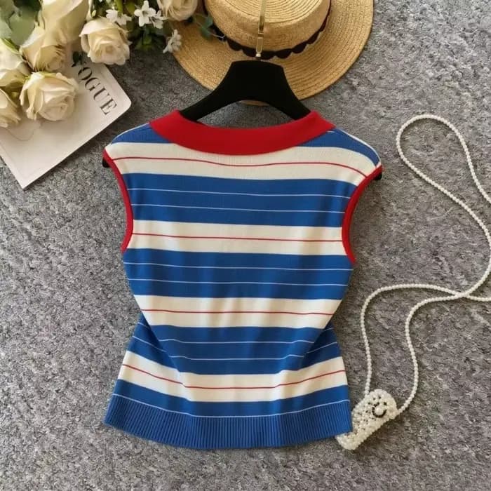 Pull sans manches en maille pour femme, col rouge, à blocs de couleur et rayures, avec broderie décorative, extensible, coupe ajustée, style preppy, pour l'été