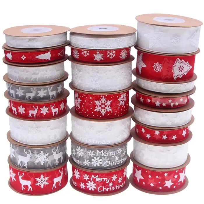 Ruban imprimé en organza de Noël, flocon de neige, wapiti, étoile, sangle de tache, emballage cadeau de Noël, décoration de fête de couronne d'arbre, 10mm, 15mm, 25mm x 10m