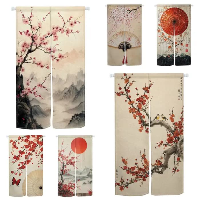 Rideaux de porte Noren japonais en lin, motifs fleurs de cerisier et parapluies rouges, pour décoration intérieure, rideaux semi-transparents pour cuisine