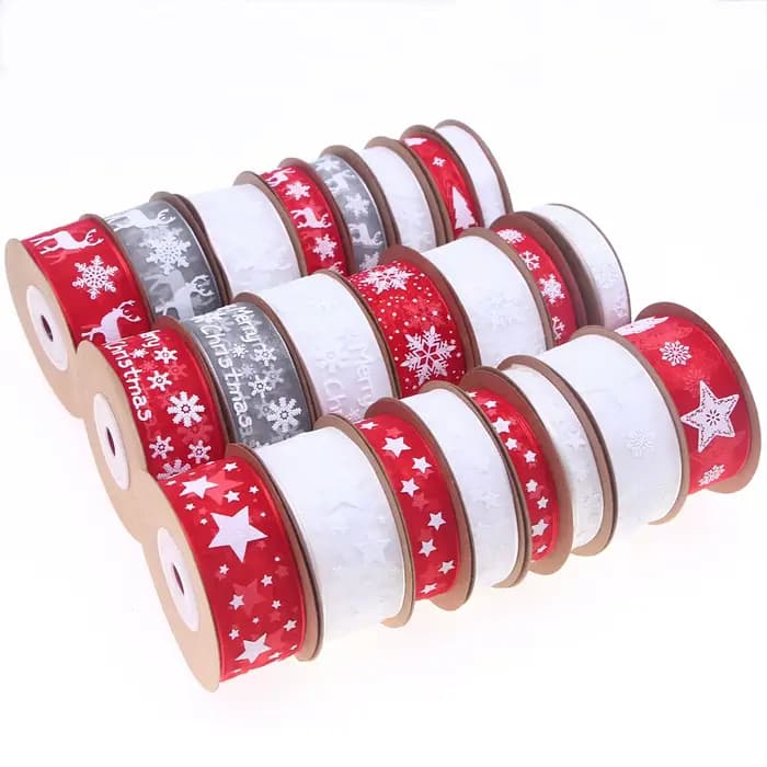 Ruban imprimé en organza de Noël, flocon de neige, wapiti, étoile, sangle de tache, emballage cadeau de Noël, décoration de fête de couronne d'arbre, 10mm, 15mm, 25mm x 10m