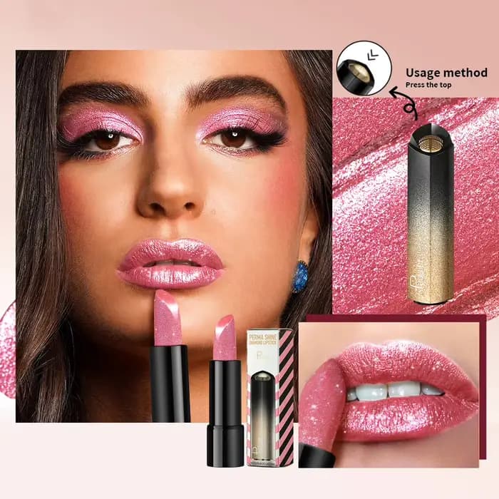 1 rouge à lèvres pailleté, un rouge à lèvres nacré pressable, très brillant comme des particules de