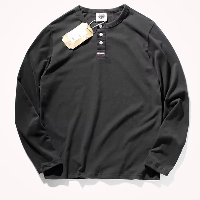 T-shirt à manches longues col Henry pour homme, rétro américain, décontracté, porté à la recherche,