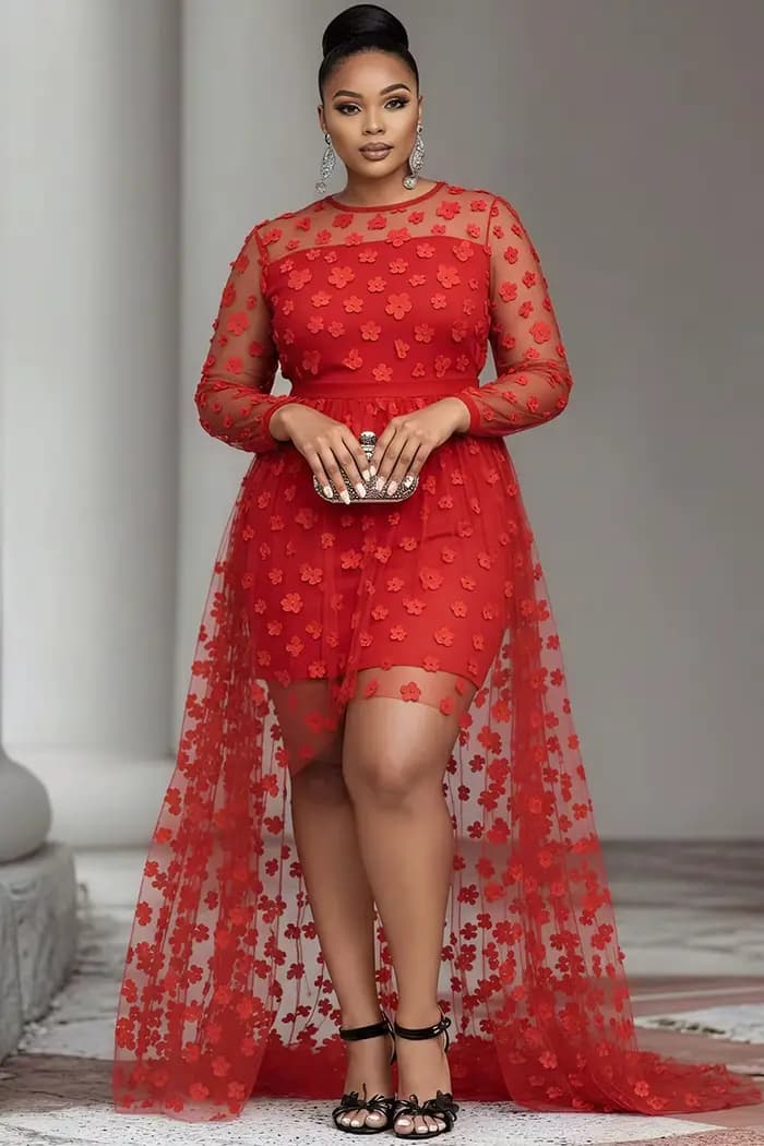 Grande taille fête rouge col rond manches longues haut bas ourlet élégant voir à travers Tulle Mini