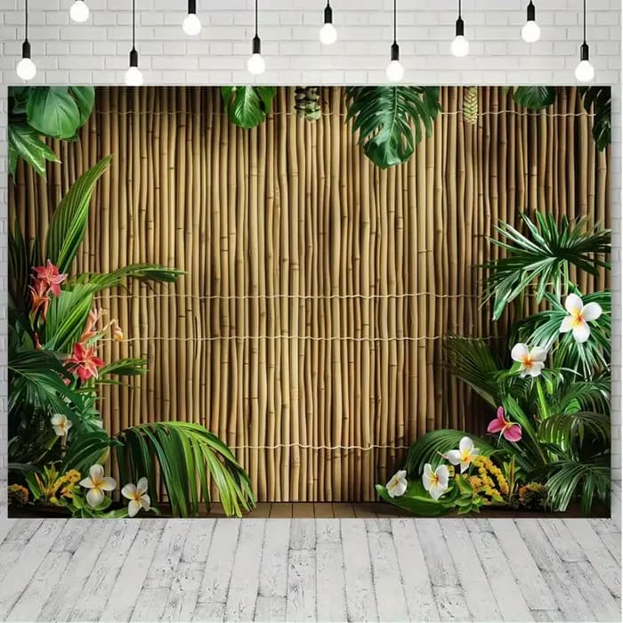 1 fond mural en bambou tropical avec feuilles de palmier et fleurs d'hibiscus - Fond de photographie