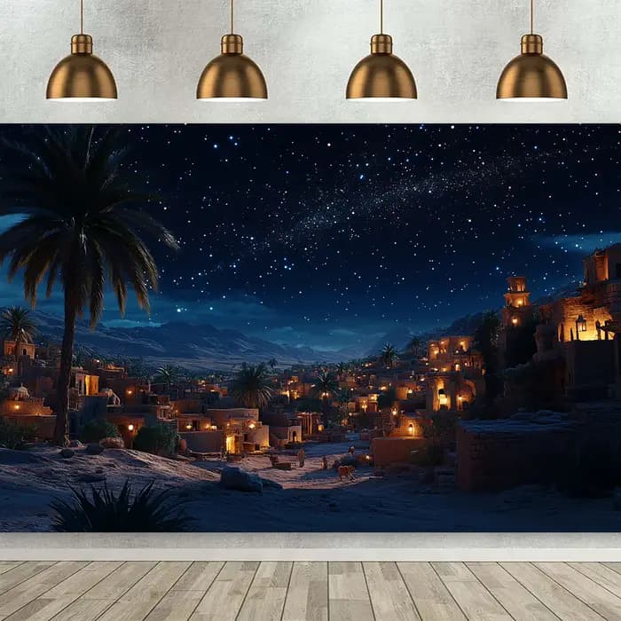 Fond de scène de la nativité - Starry Night Manager et Bethlehem Village, polyester, décorations de
