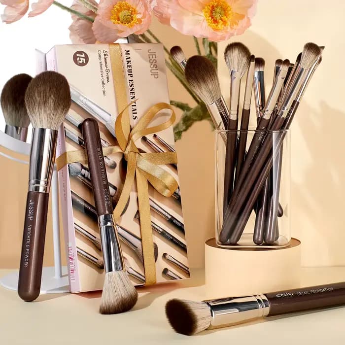 Jessup Ensemble de pinceaux de maquillage 15 pièces Pinceaux de maquillage marron Fond de teint végé