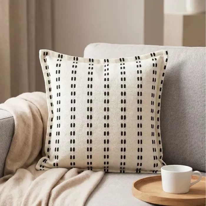 Housse de coussin bohème en jacquard tissé rayé, en lin et coton texturé, avec bord festonné, taie d