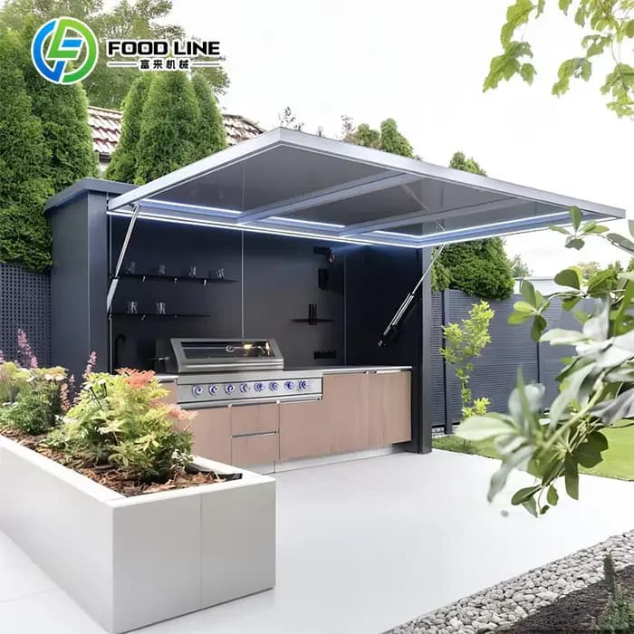 Cuisine extérieure en acier inoxydable noire avec barbecue, ensemble complet, abri de cuisine BBQ ex