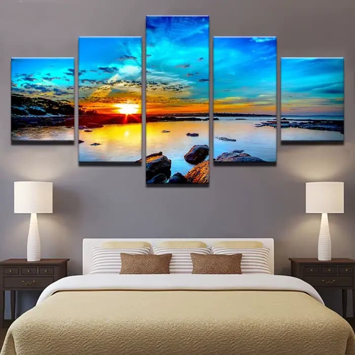 Affiche de paysage lever du soleil Seavie, 5 pièces, peinture artistique sur toile, image murale de