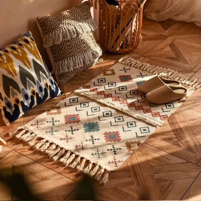 Tapis Bohème en Coton et Lin Tissé à la Main avec Pompons, Tapis de Sol Géométrique pour Chambre à C
