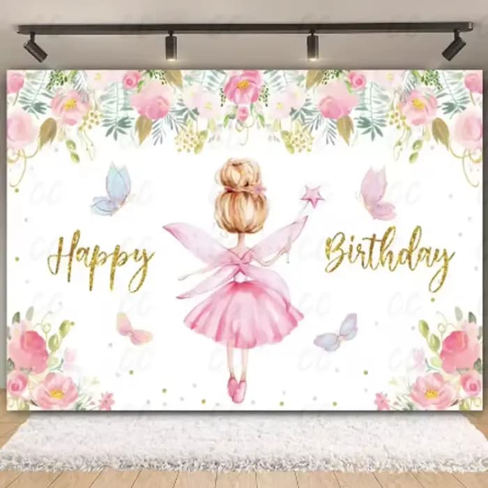 Arrière-plan sur le thème de la fête d'anniversaire, fleur de papillon rose, décor de réception-cade