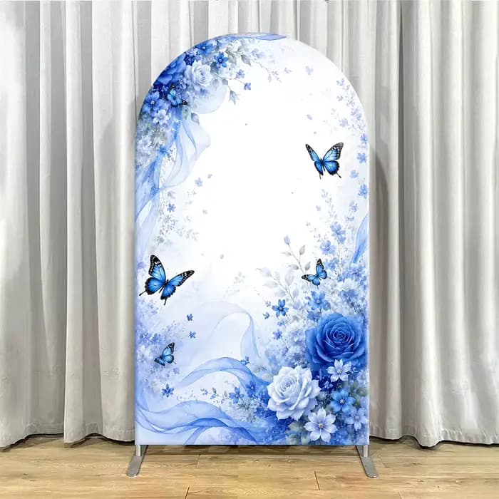 Housse de toile de fond arche papillon bleue à motif floral, thème Princesse, pour Quinceañera, Swee