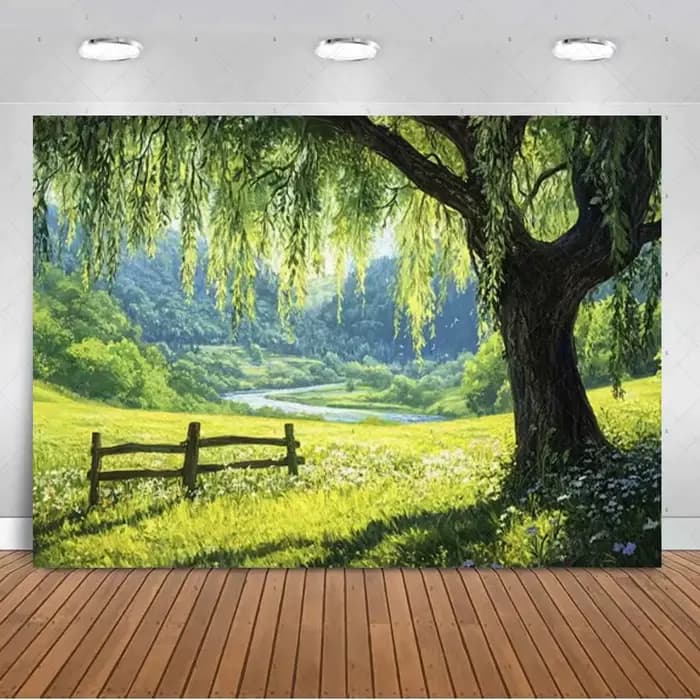 Décorations de fête sur le thème de la prairie ensoleillée, toile de fond avec paysage de montagne v