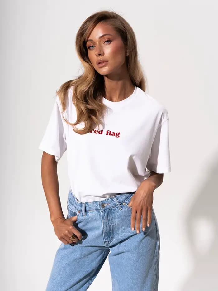 T-Shirt surdimensionné drapeau rouge pour femmes, en coton, Design Simple, à la mode, Boutique, manc