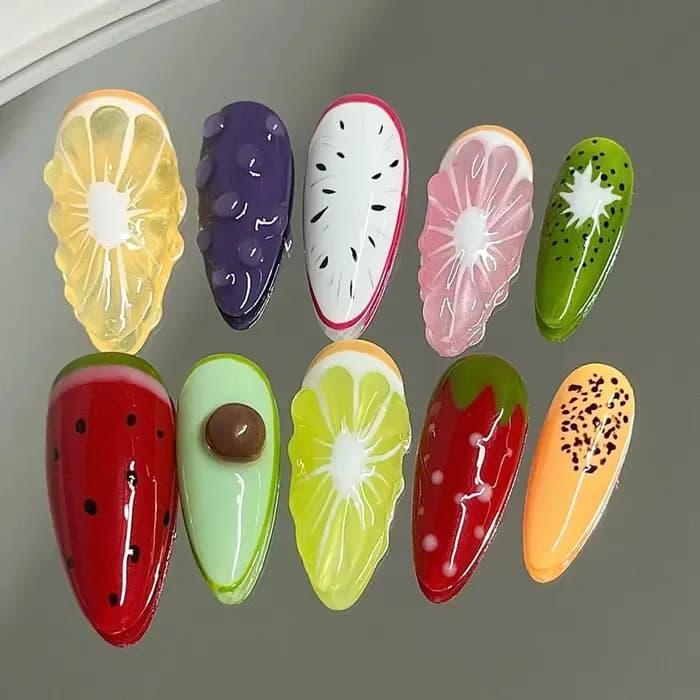 Faux ongles à pression faits à la main, Fruits d'été, couverture complète, Design 3D coloré, amande