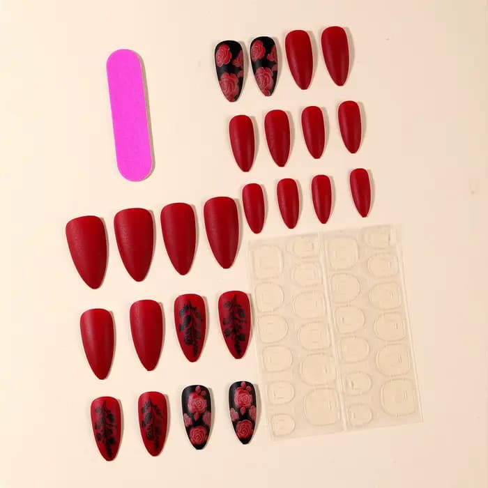 Faux ongles français en amande mate, avec colle, impression de feuilles de Rose, Nail Art, couvertur