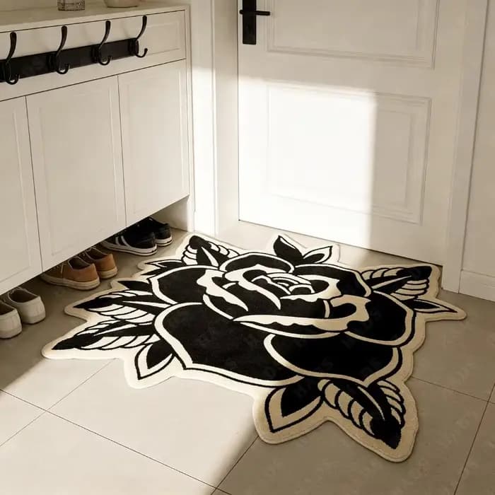 Tapis vintage américain noir et blanc à motif de roses, tapis irrégulier unique et créatif pour la d